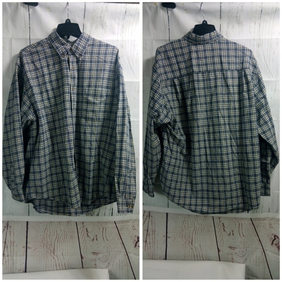 Eddie Bauer Blue Tan Plaid Button Down Shirt L - Picture 2 of 6